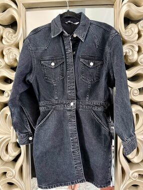 BNWT Zara Black Washed Button Front Long Sleeve Pockets Denim Mini Dress Small